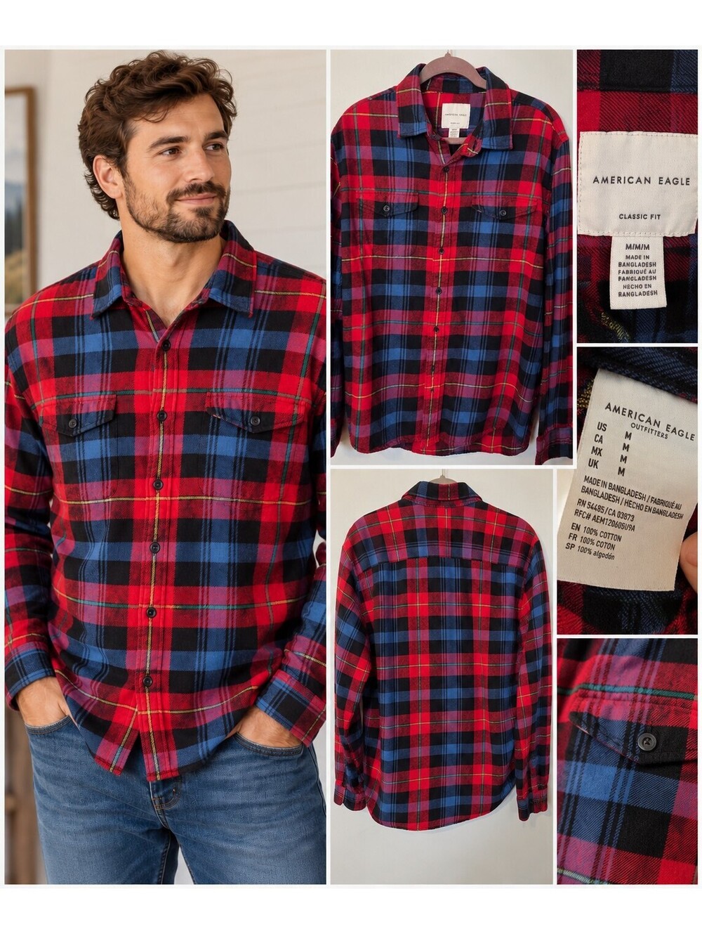 American Eagle Red Blue Plaid Button Up Shirt size M